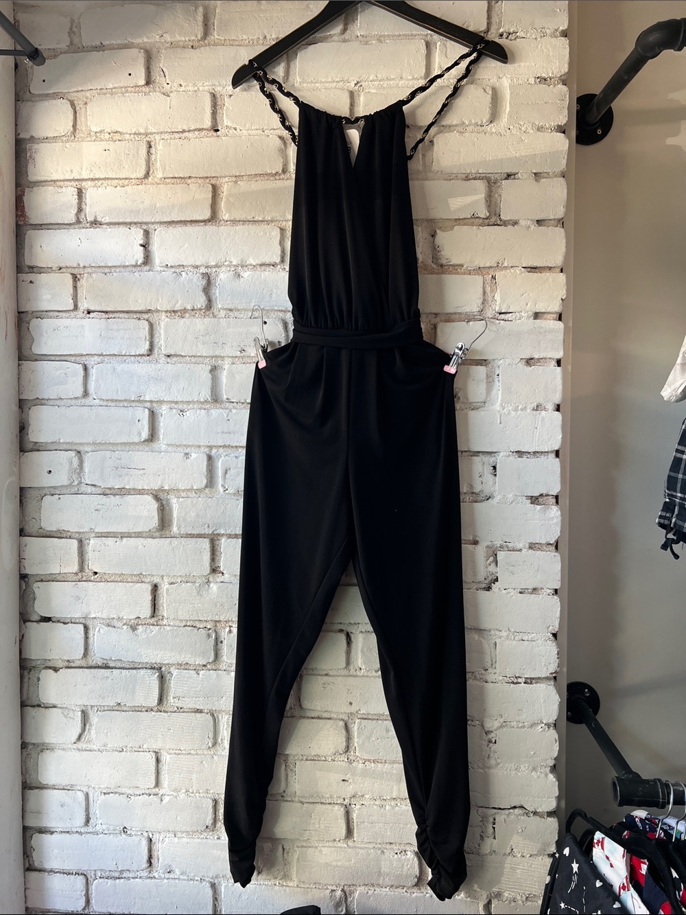 Black Draped Jumpsuit with Braided Straps halter tank top